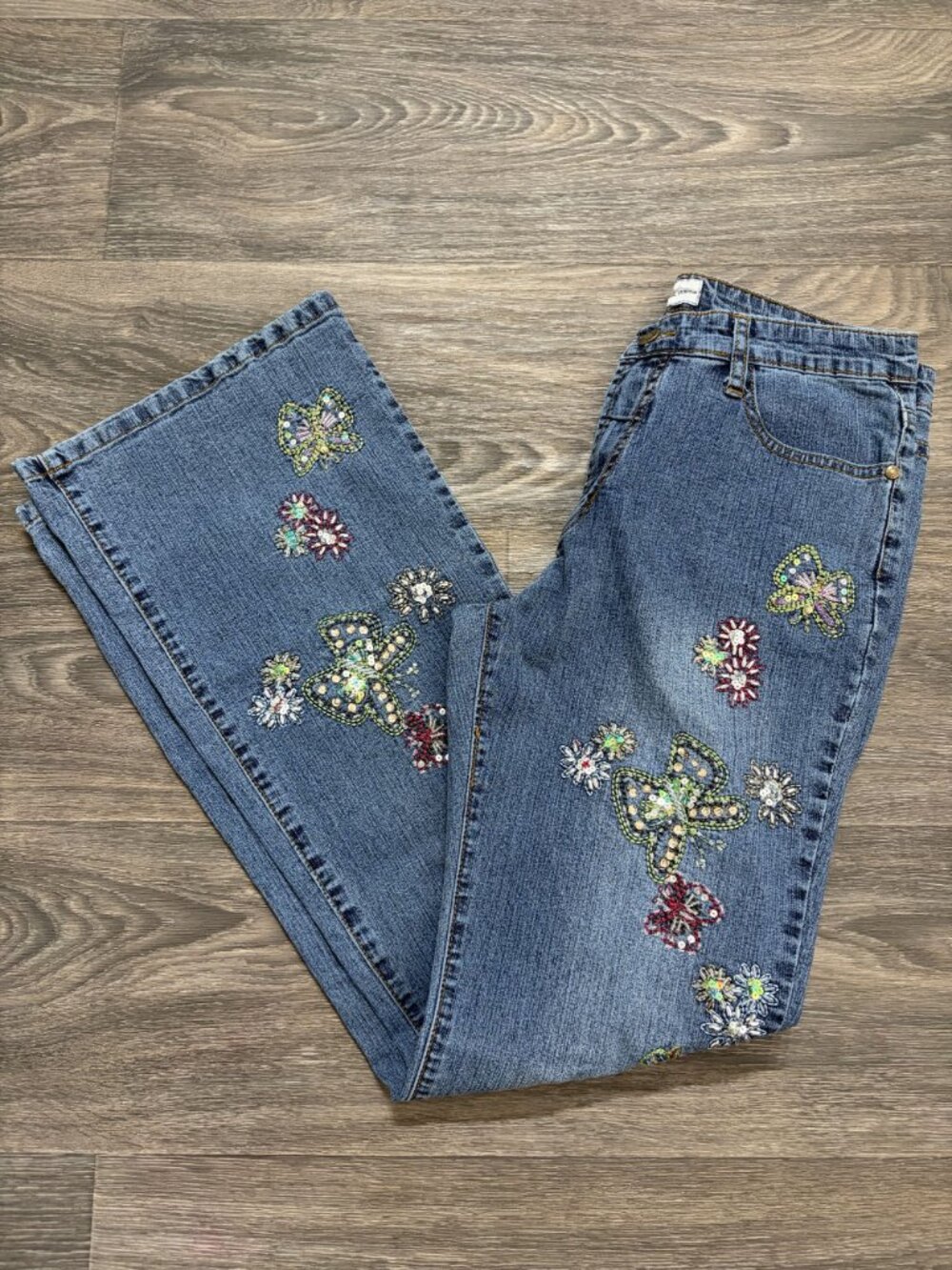 Daniel Y2K Embroidered Sequin Bootcut Jeans 11-12 Butterfly Floral Whimsy Denim - Picture 3 of 16